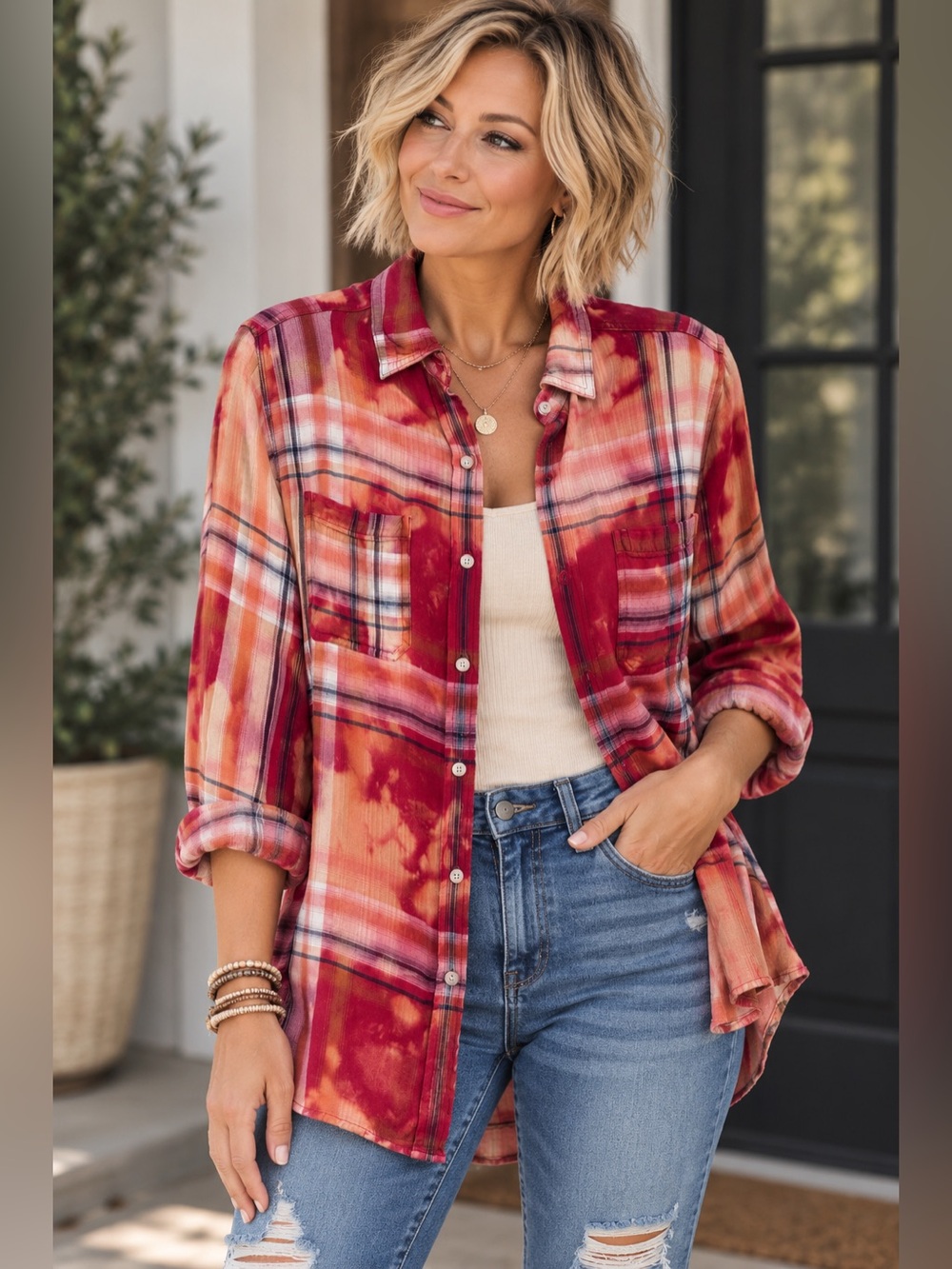 OOAK Upcycled Mossimo Boyfriend Flannel – Medium – Custom Bleach Dyed